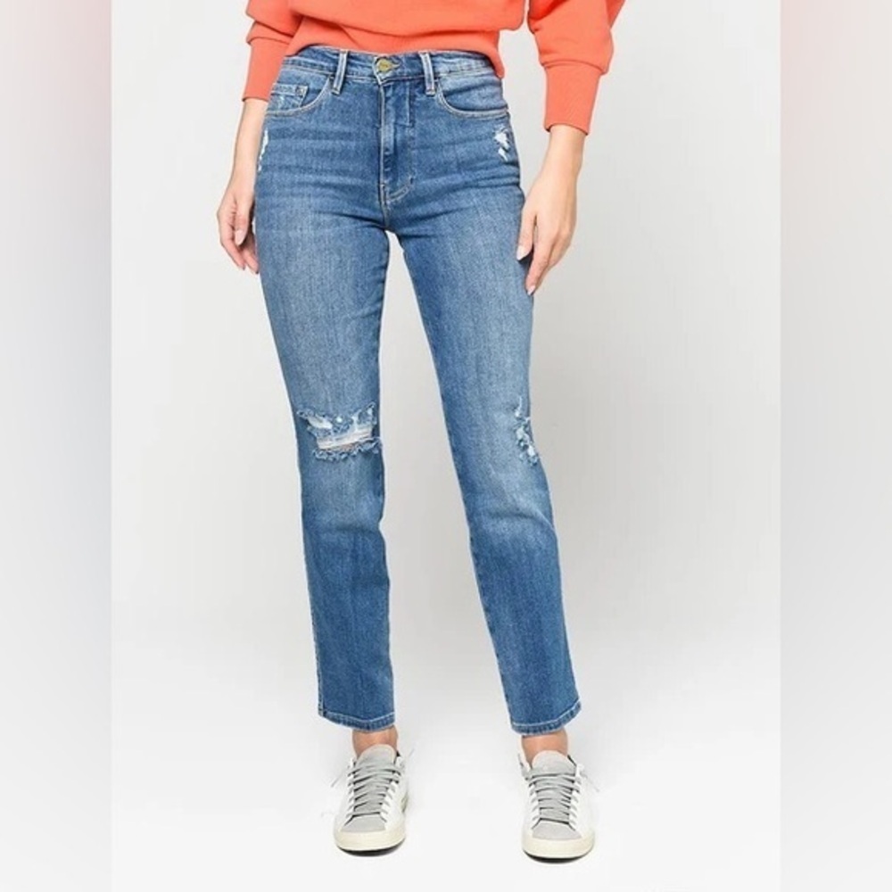 FRAME Le Sylvie Slender Straight Jean Distressed Medium Wash Womens Size 28